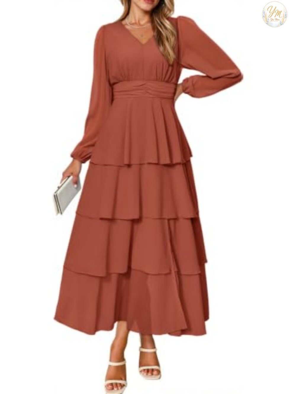 BerryGo Womens Flowy Maxi Dress Long Sleeve V Neck Ruffle Tiered Boho Wedding